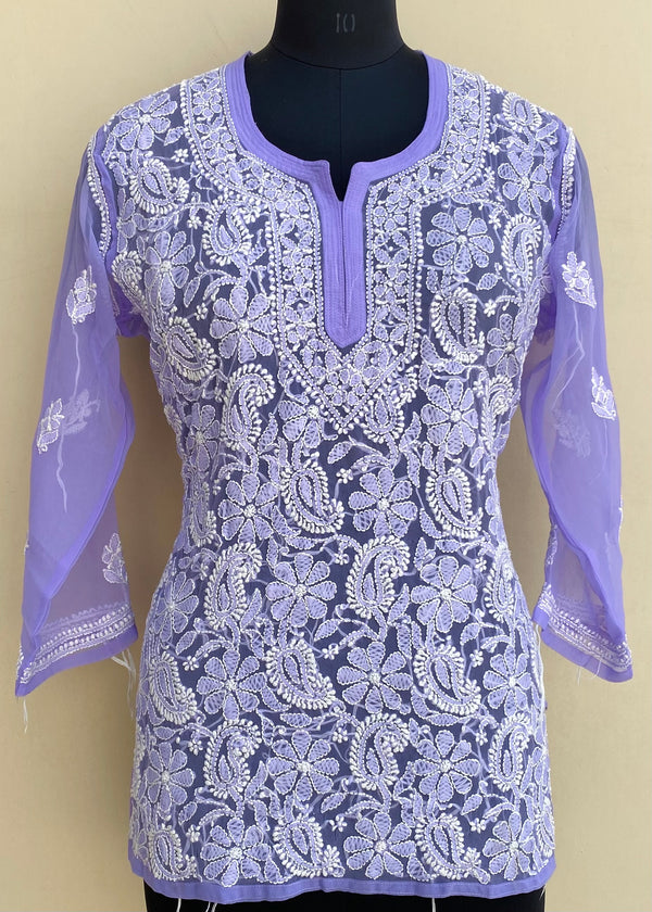 Lucknowi Chikankari Short Kurti Purple Georgette