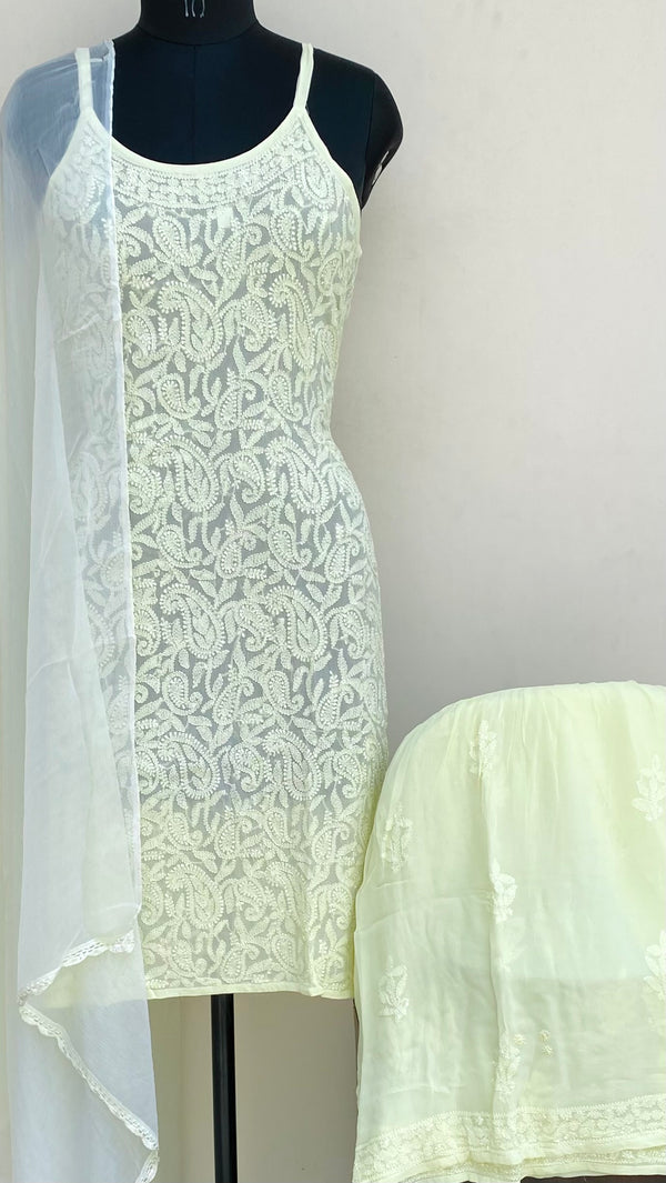 Lucknowi Chikankari Noodle Strap Co-ord Set Lemon Yellow Pure Georgette With Resham & Mukaish Work