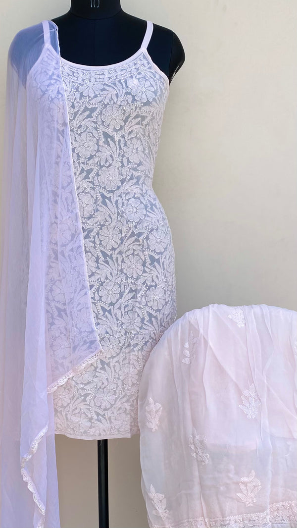Lucknowi Chikankari Noodle Strap Co-ord Set Pink Pure Georgette With Resham & Mukaish Work