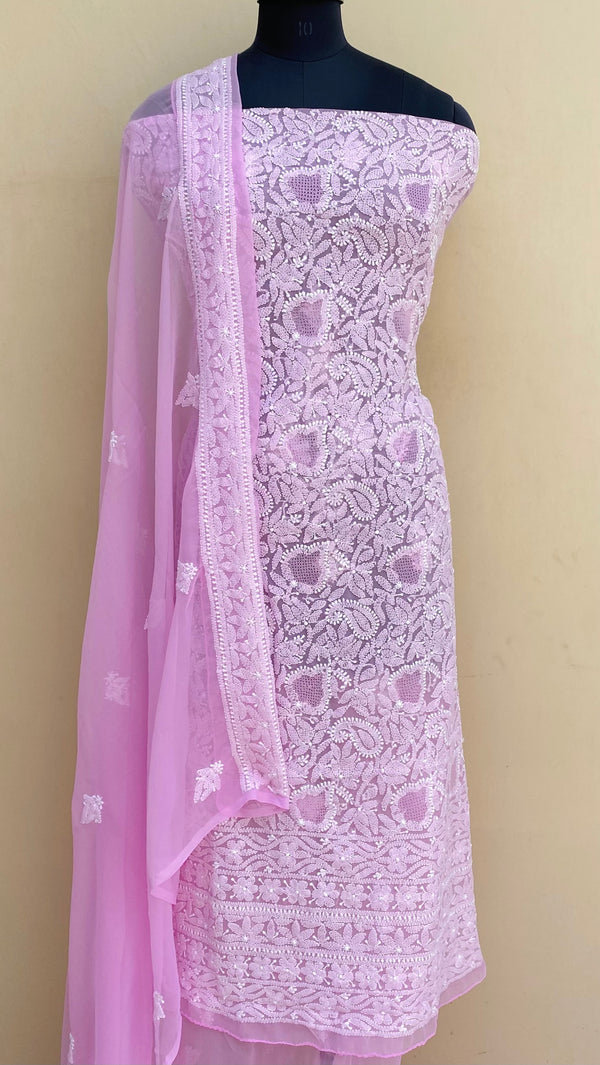 ﻿Lucknowi Chikankari Suit Length 3 Piece Pink Georgette With Jaali Work