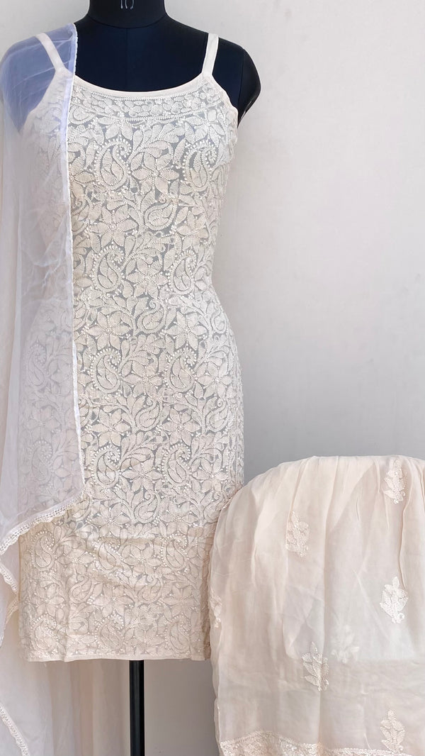 Lucknowi Chikankari Noodle Strap Co-ord Set Cream Pure Georgette With Resham & Mukaish Work