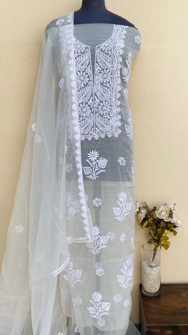 Lucknowi Chikankari Suit Length 2 Piece White Organza With Cutdana Work