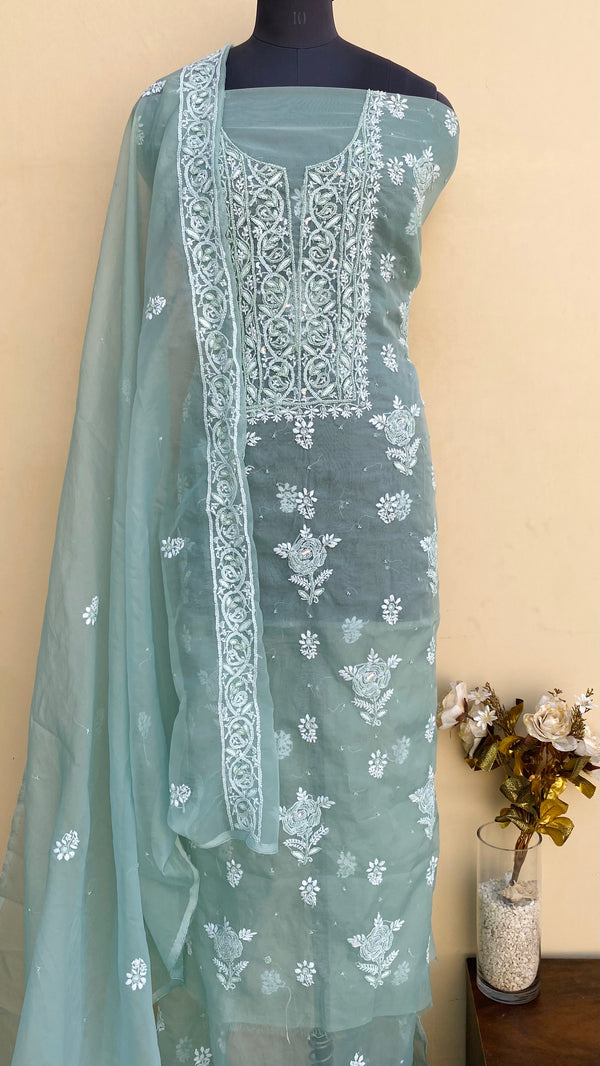 Lucknowi Chikankari Suit Length 2 Piece Teal Green Organza With Pearl & Sequence Work