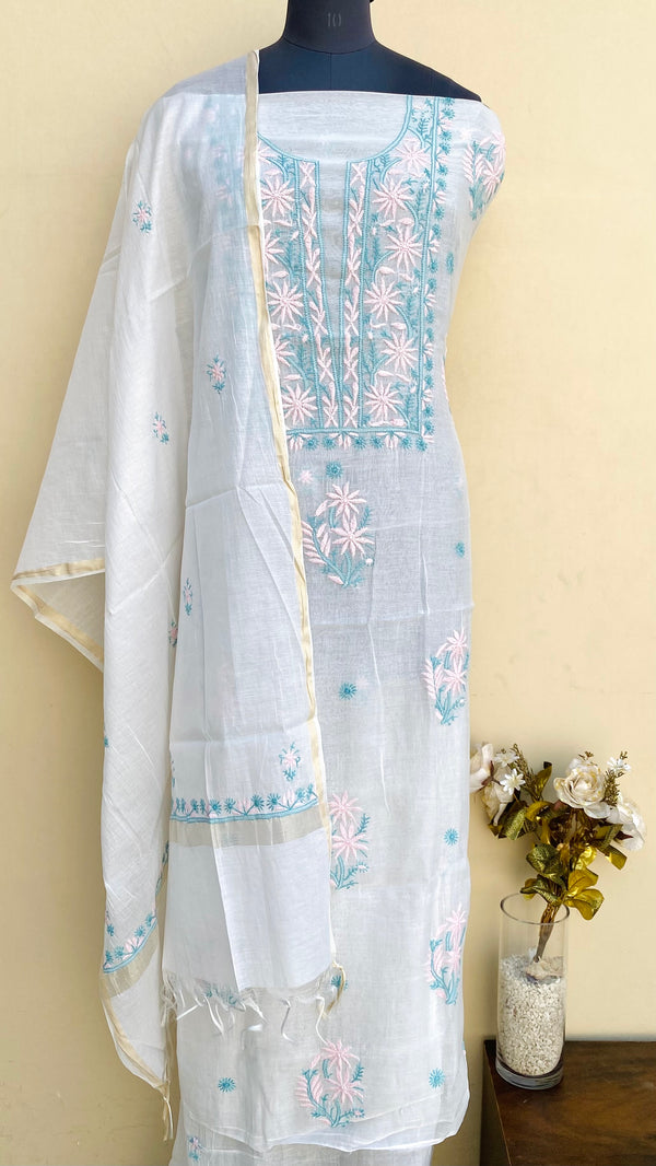 Lucknowi Chikankari Suit Length 2 Piece White Mal Chanderi