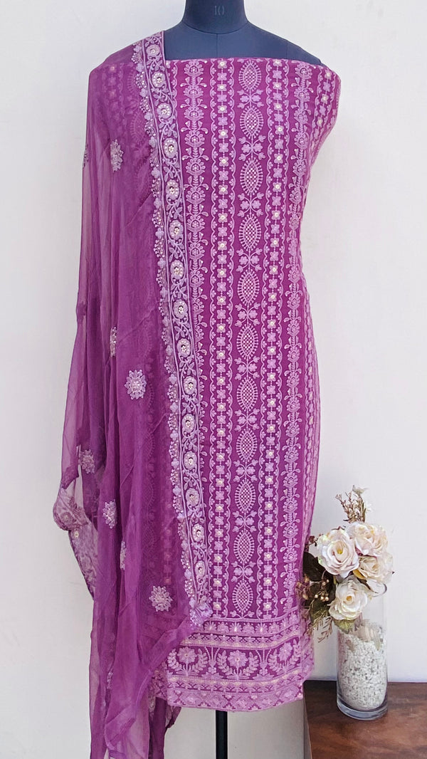 Chikankari Suit Length 3 Piece Purple Pure Georgette With Sequence Work