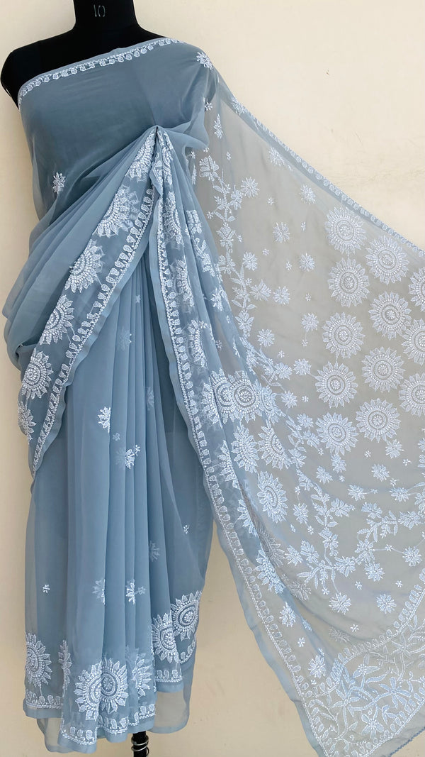 Lucknowi Chikankari Saree Gray Georgette