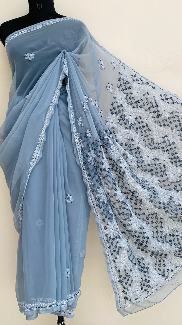 Lucknowi Chikankari Saree Gray Georgette
