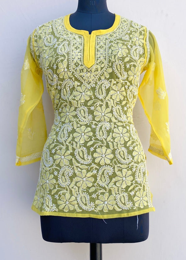 Lucknowi Chikankari Short Kurti Yellow Georgette