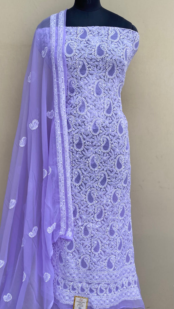 Lucknowi Chikankari Suit Length 3 Piece Purple Georgette With Jaali Work