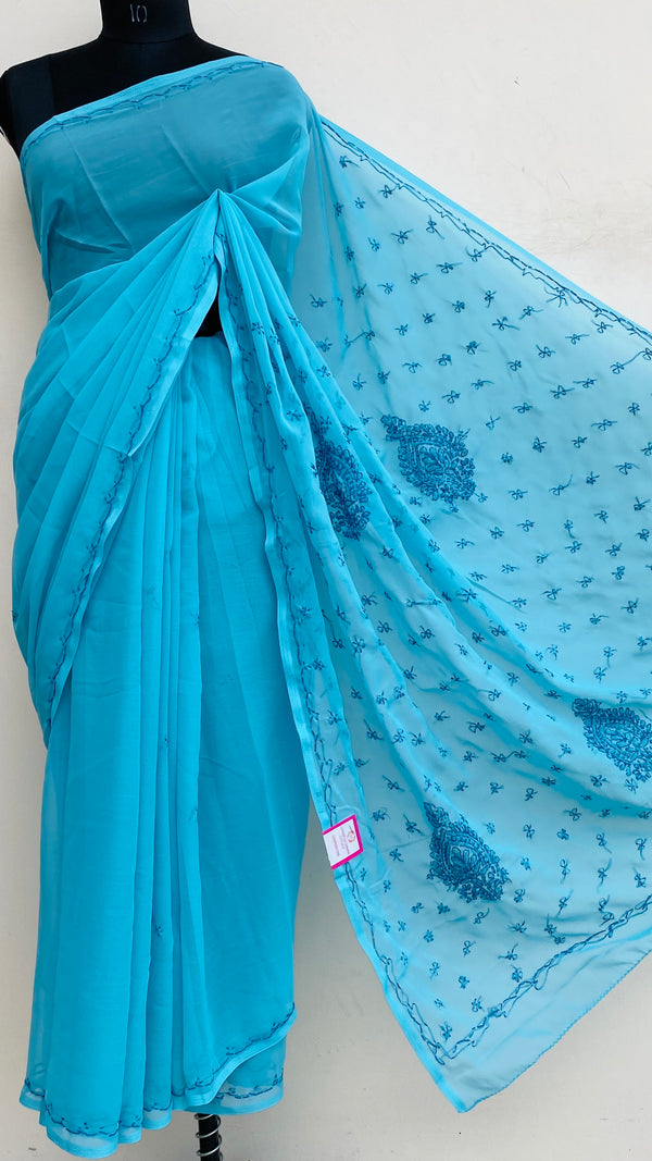 Lucknowi Chikankari Saree Blue Georgette