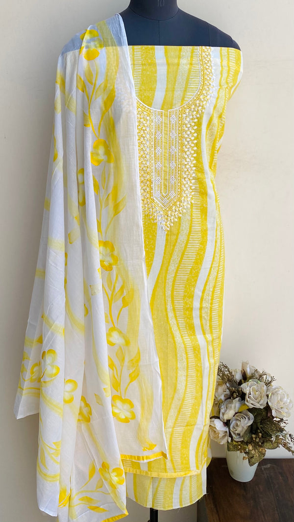 Designer Embroidered Suit Length 3 Piece Yellow Mal Cotton With Sequence Work