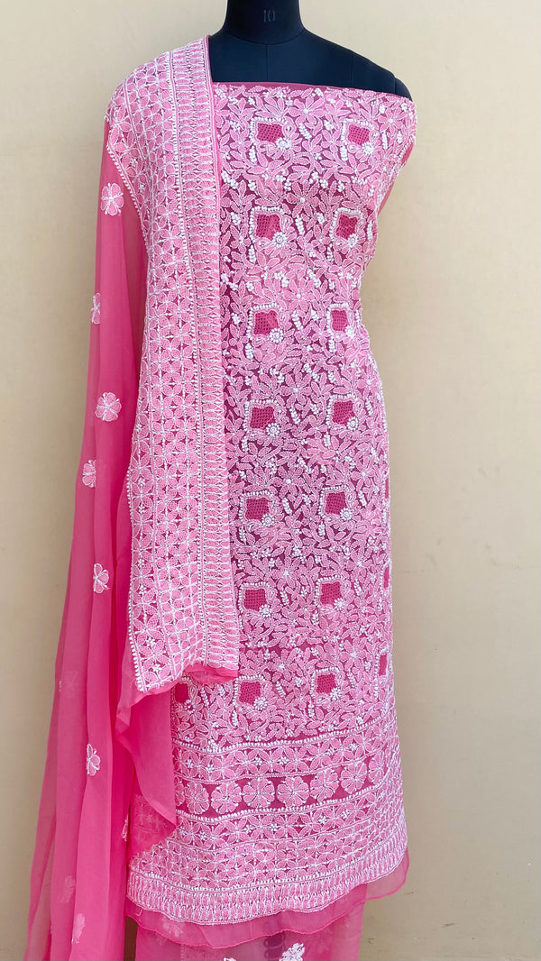 Lucknowi Chikankari Suit Length 3 Piece Pink Georgette With Jaali Work