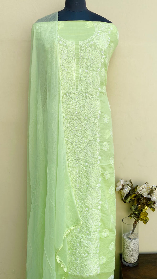 Lucknowi Chikankari Suit Length 3 Piece Parrot Green Mulmul Cotton