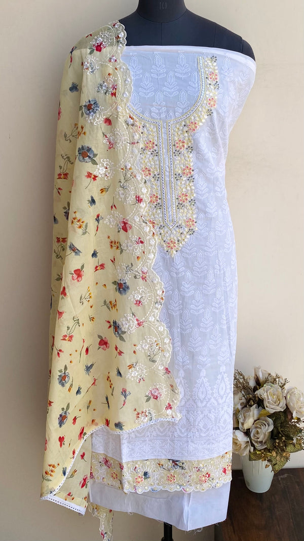 Designer Embroidered Suit Length 3 Piece White Mal Cotton