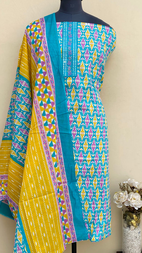 Designer Embroidered Suit Length 3 Piece Blue Mal Cotton