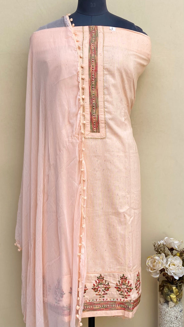 Designer Embroidered Suit Length 3 Piece Peach Mal Cotton