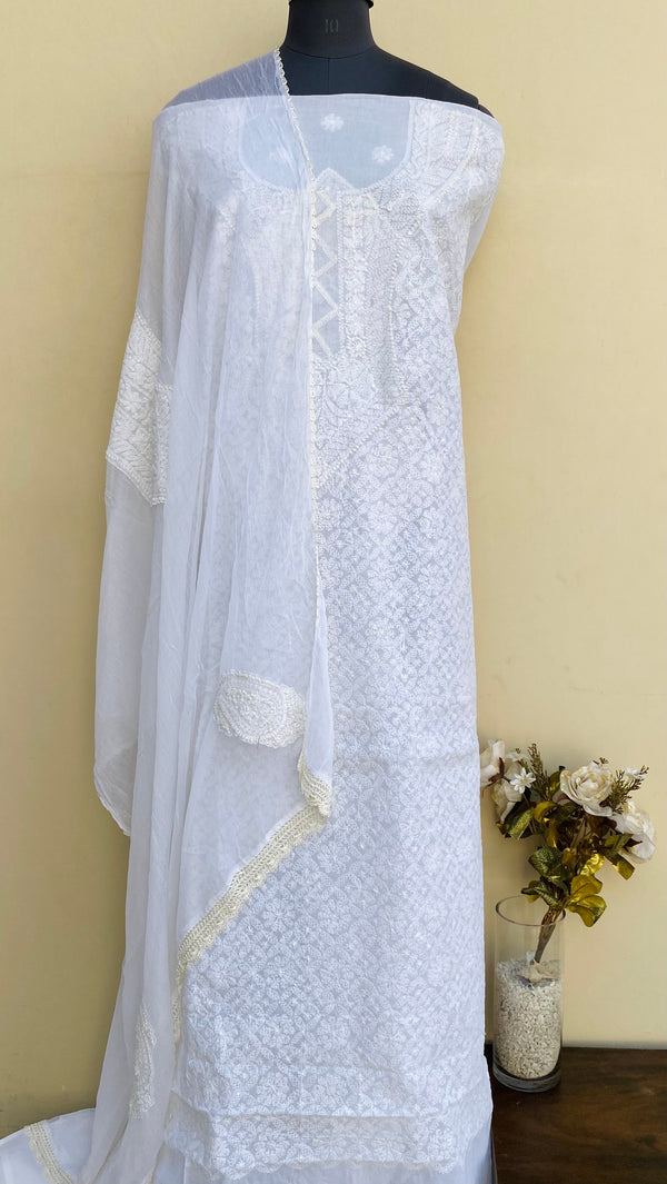 Lucknowi Chikankari Suit Length 3 Piece White Cotton