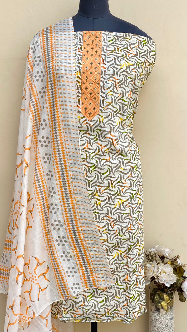 Designer Embroidered Suit Length 3 Piece White Printed Mal Cotton