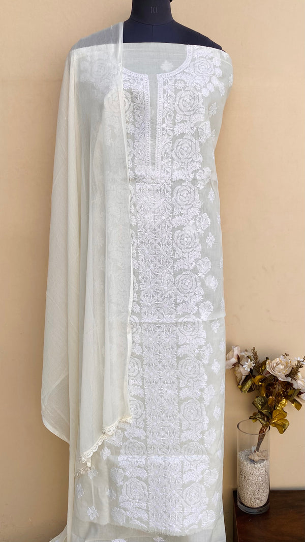 Lucknowi Chikankari Suit Length 3 Piece Off White Cotton