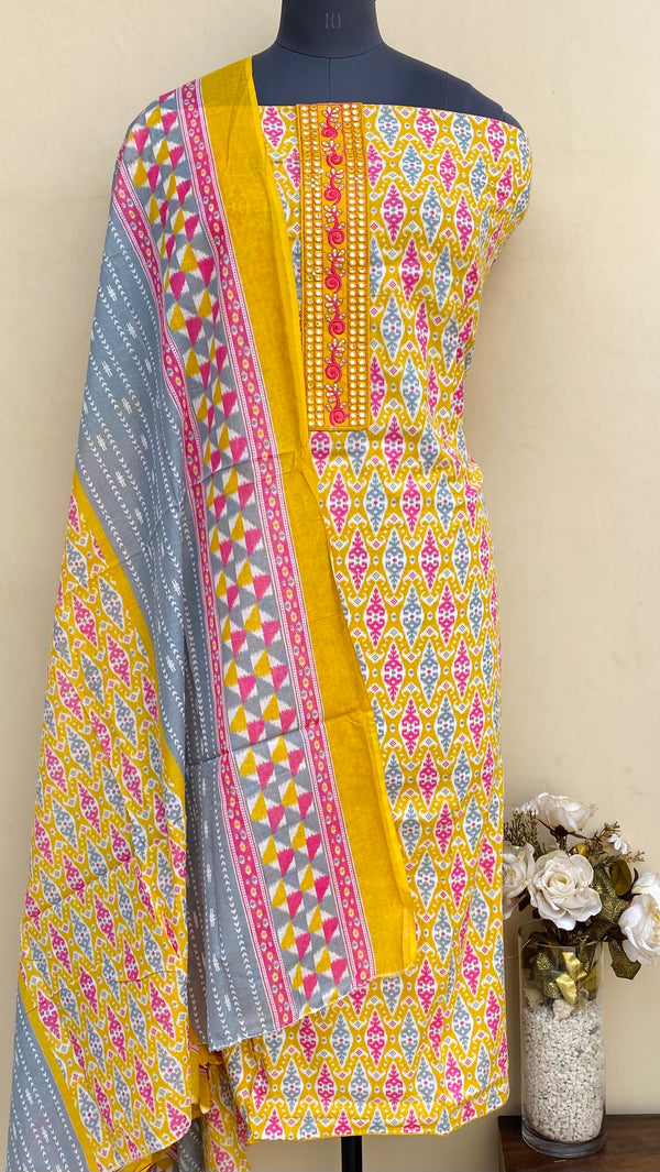 Designer Embroidered Suit Length 3 Piece Yellow Mal Cotton