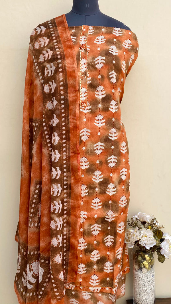 Designer Embroidered Suit Length 3 Piece Brown Mal Cotton