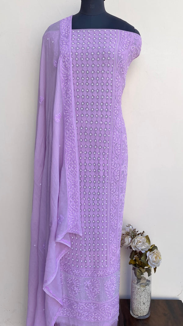 Lucknowi Chikankari Suit Length 2 Piece Purple Pure Georgette With Pearl & Cutdana Work