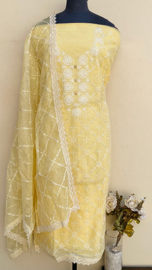 Designer Embroidered Suit Length 3 Piece Yellow Kota With Sequence Work