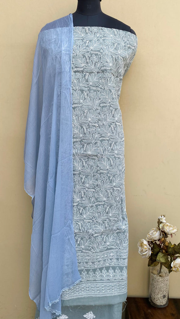 Lucknowi Chikankari Suit Length 3 Piece Gray Cotton