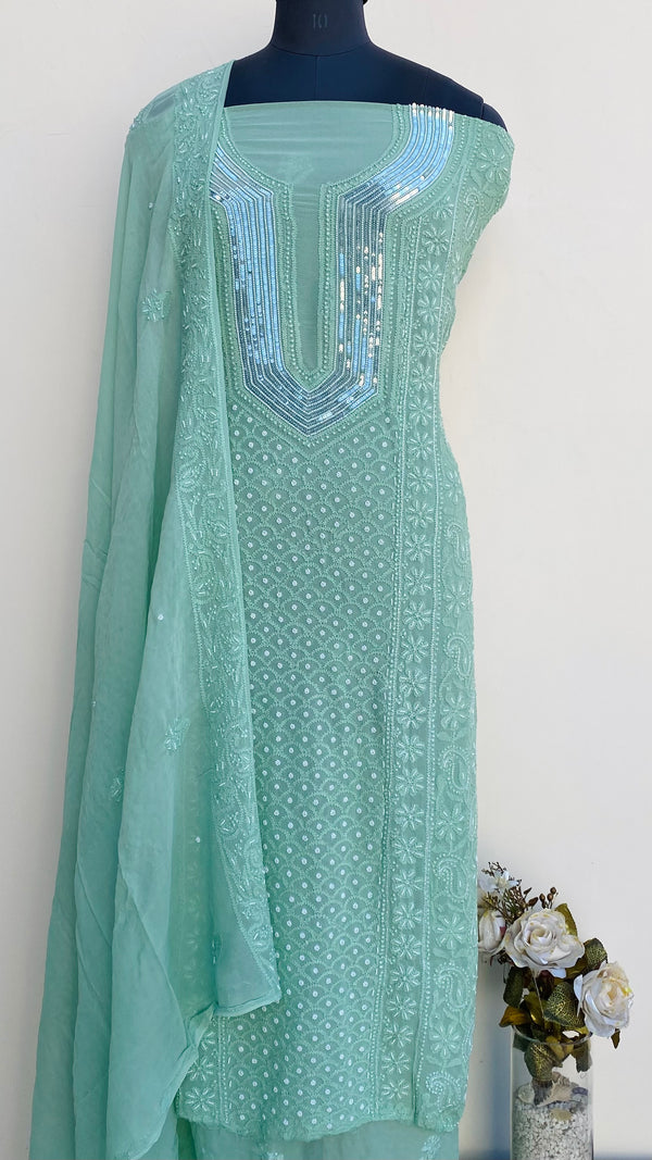 Lucknowi Chikankari Suit Length 2 Piece Teal Green Pure Georgette With Pearl,Sequence & Cutdana Work