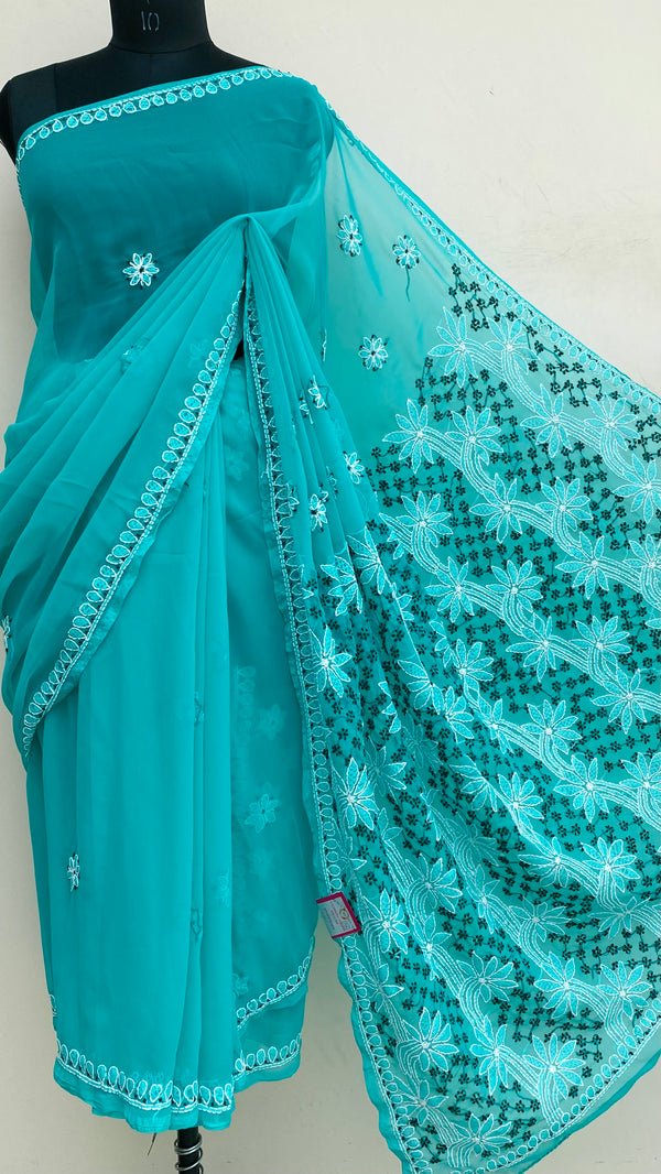 Lucknowi Chikankari Saree Green Georgette