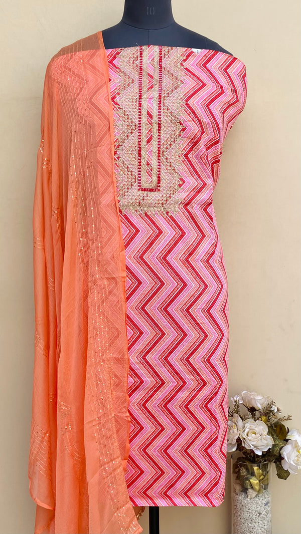 Designer Embroidered Suit Length 3 Piece Pink Mal Cotton