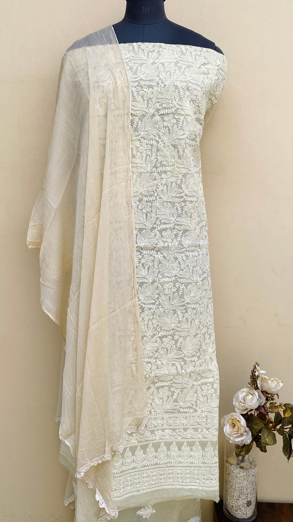 Lucknowi Chikankari Suit Length 3 Piece Beige Cotton