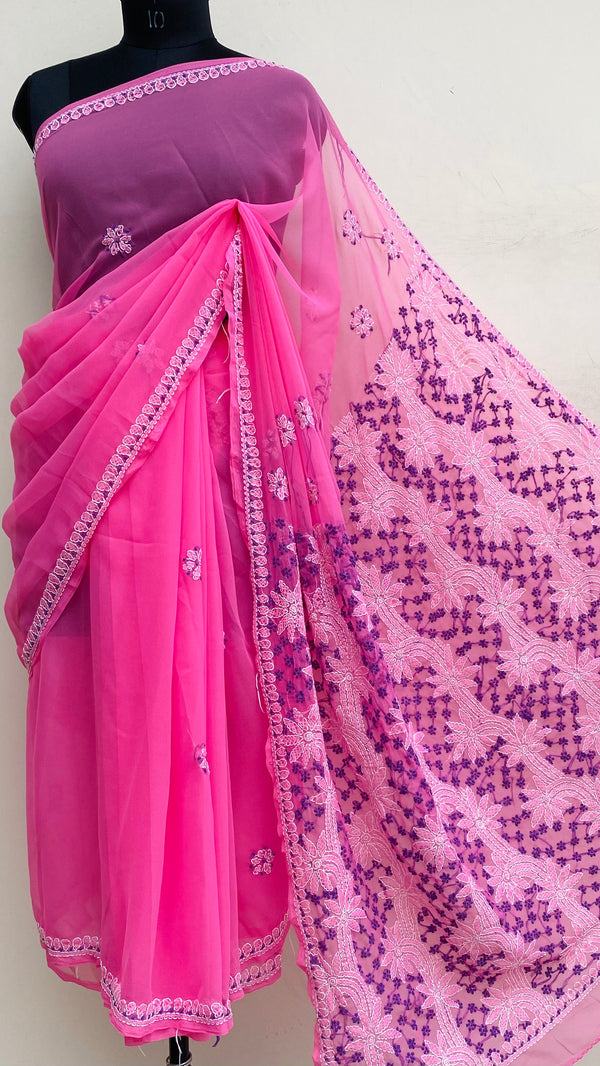 Lucknowi Chikankari Saree Pink Georgette