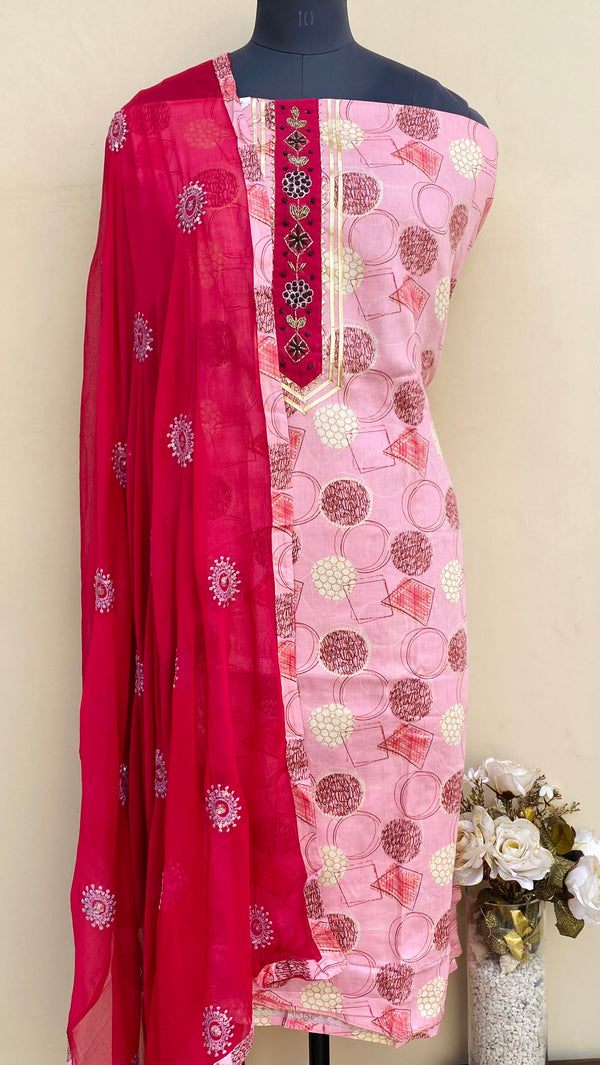 Designer Embroidered Suit Length 3 Piece Pink Mal Cotton With Cutdana Work