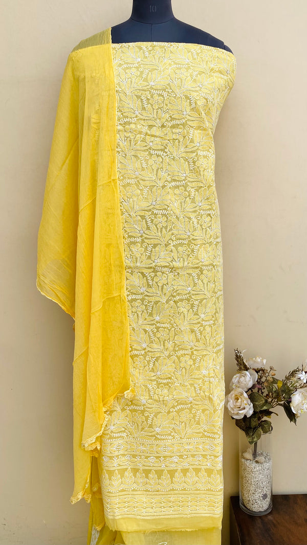 Lucknowi Chikankari Suit Length 3 Piece Yellow Cotton