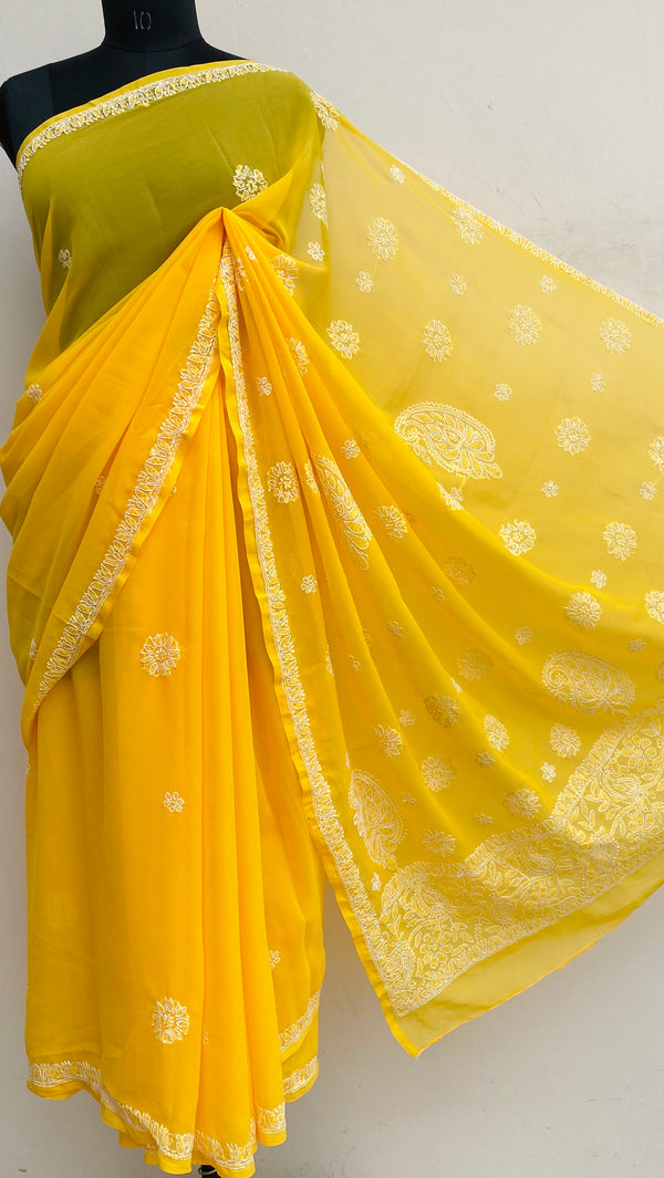Lucknowi Chikankari Saree Yellow Georgette