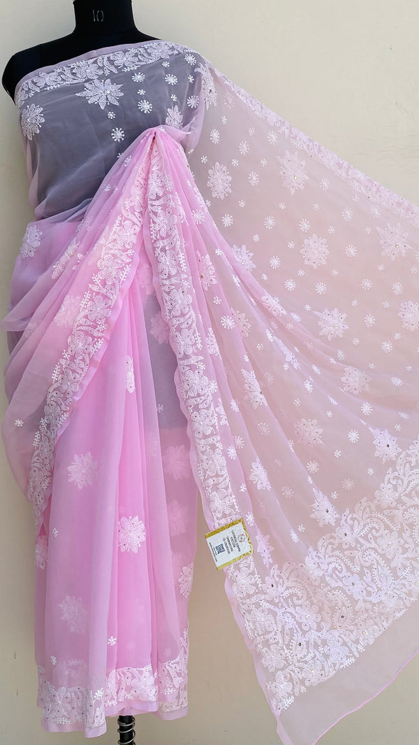 Lucknowi Chikankari Saree Pink Georgette With Mukaish Work