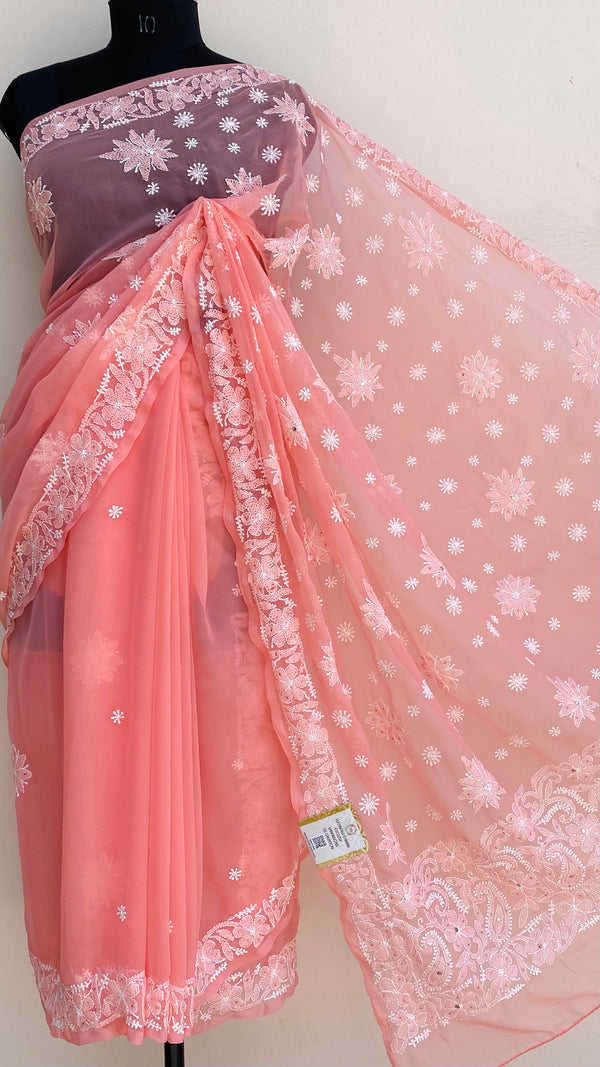 Lucknowi Chikankari Saree Gajri Georgette With Mukaish Work