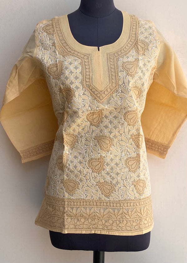 Lucknowi Chikankari Short Kurti Beige Cotton