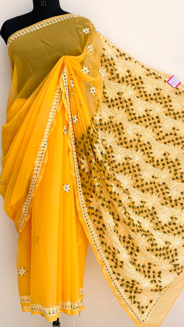 Lucknowi Chikankari Saree Mustard Georgette