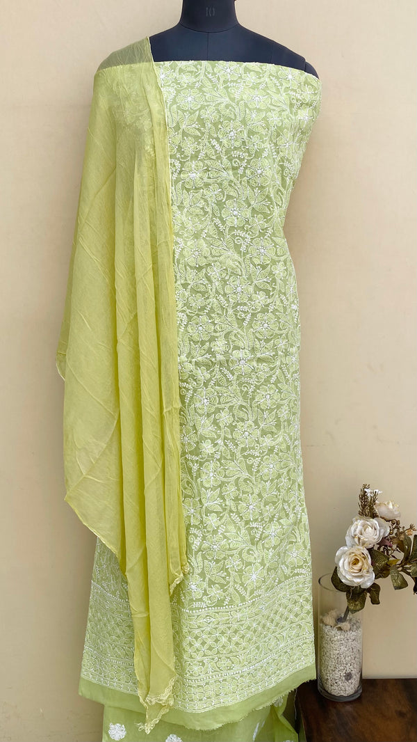 Lucknowi Chikankari Suit Length 3 Piece Parrot Green Cotton