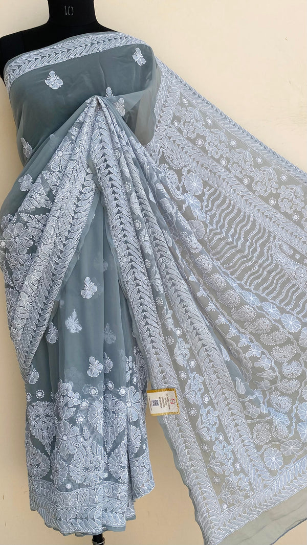 Lucknowi Chikankari Saree Gray Georgette