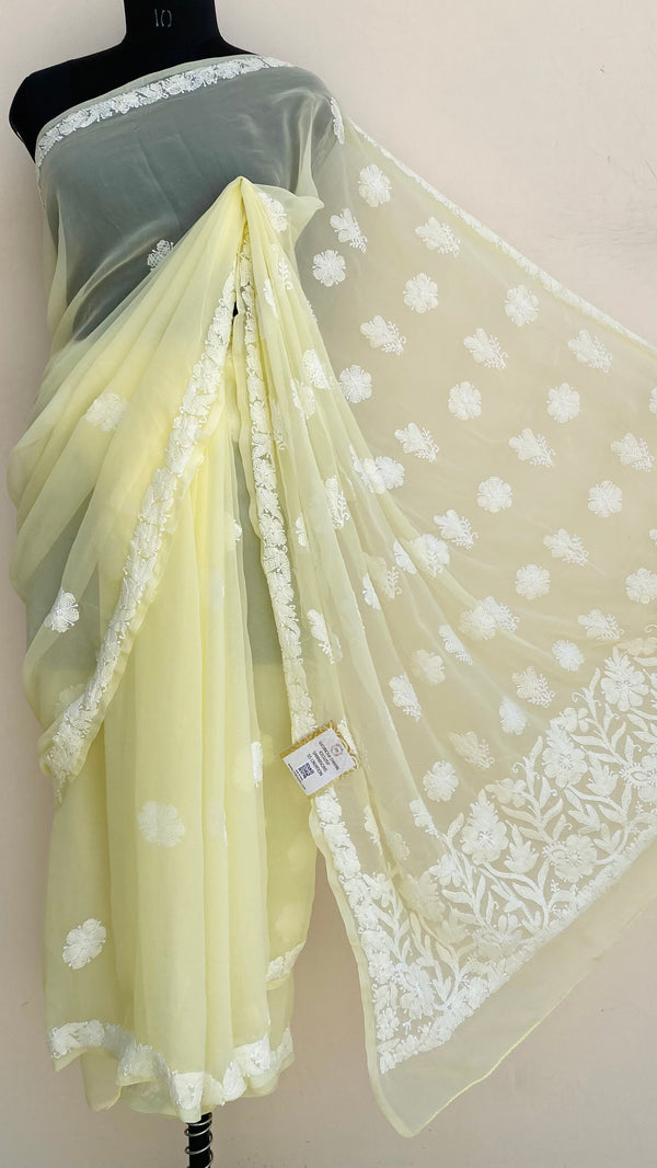 Lucknowi Chikankari Saree Lemon Yellow Georgette