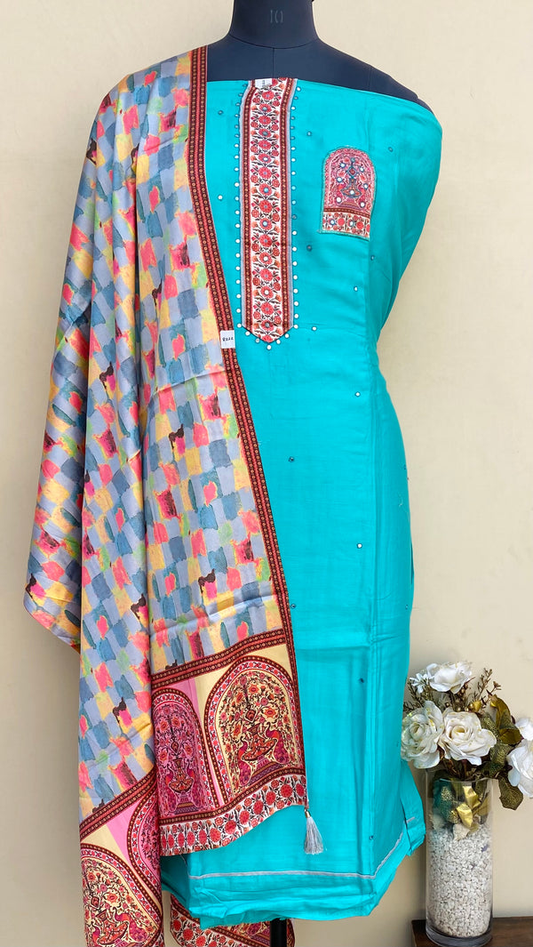 Designer Embroidered Suit Length 3 Piece Sea Green Mal Cotton With Mirror Work