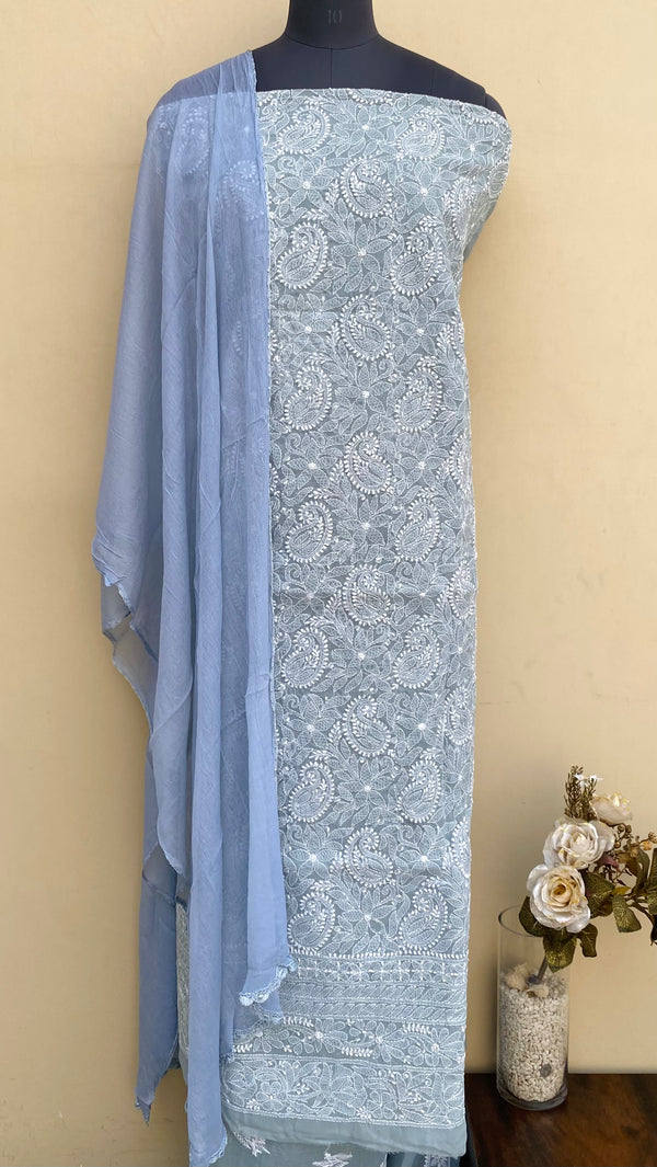 Lucknowi Chikankari Suit Length 3 Piece Gray Cotton