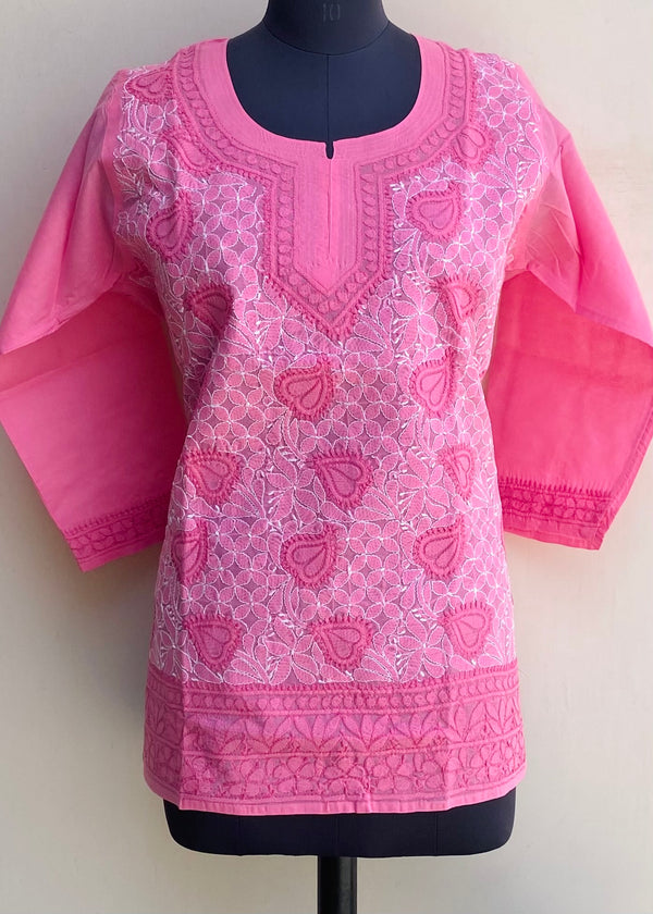 Lucknowi Chikankari Short Kurti Pink Cotton