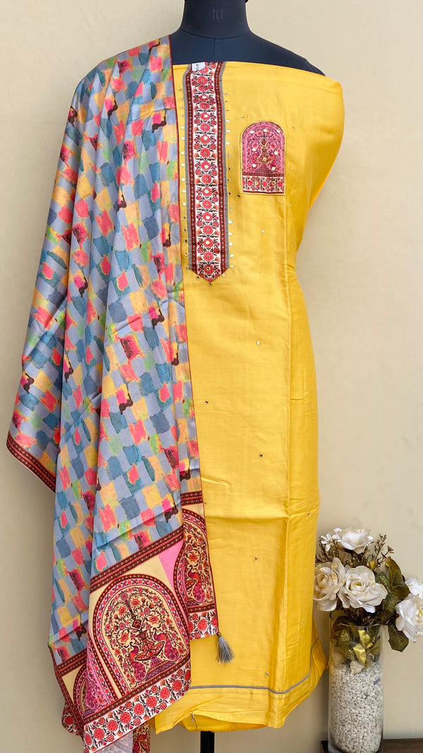 Designer Embroidered Suit Length 3 Piece Yellow Mal Cotton With Mirror Work