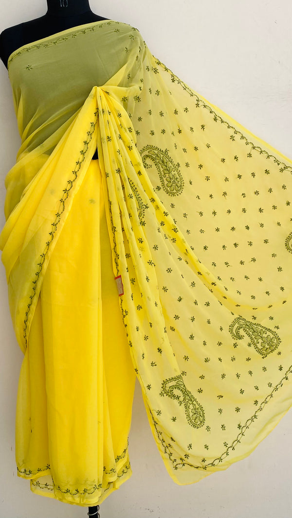Lucknowi Chikankari Saree Yellow Georgette