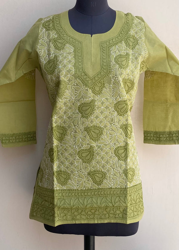 Lucknowi Chikankari Short Kurti Green Cotton