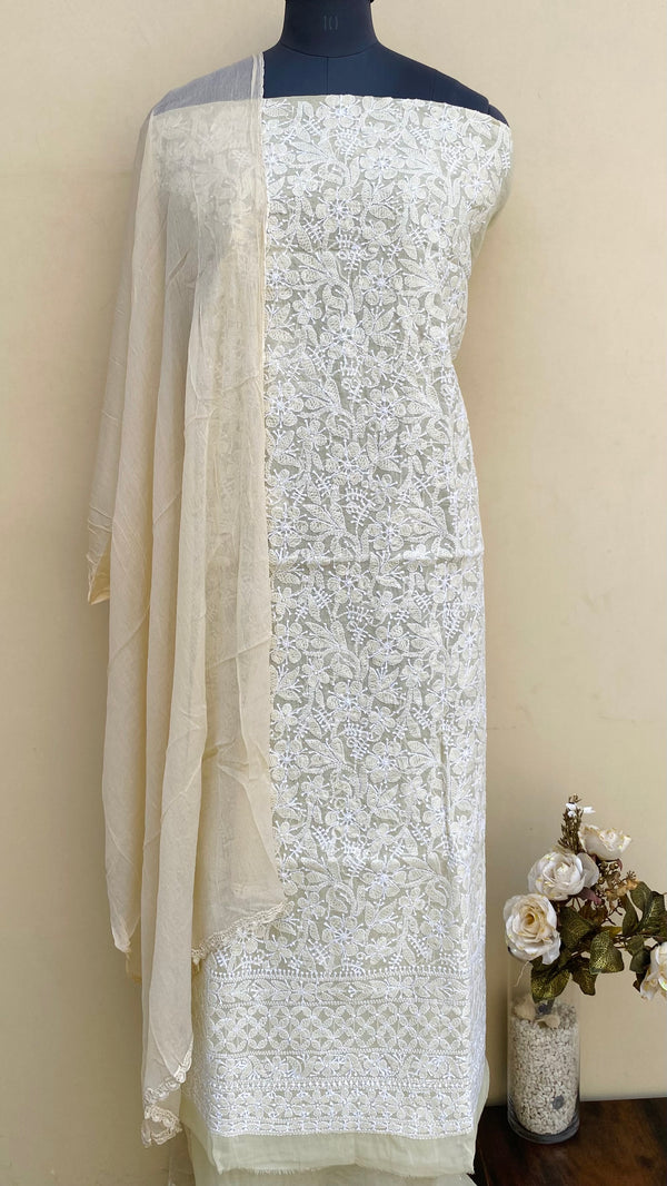 Lucknowi Chikankari Suit Length 3 Piece Beige Cotton